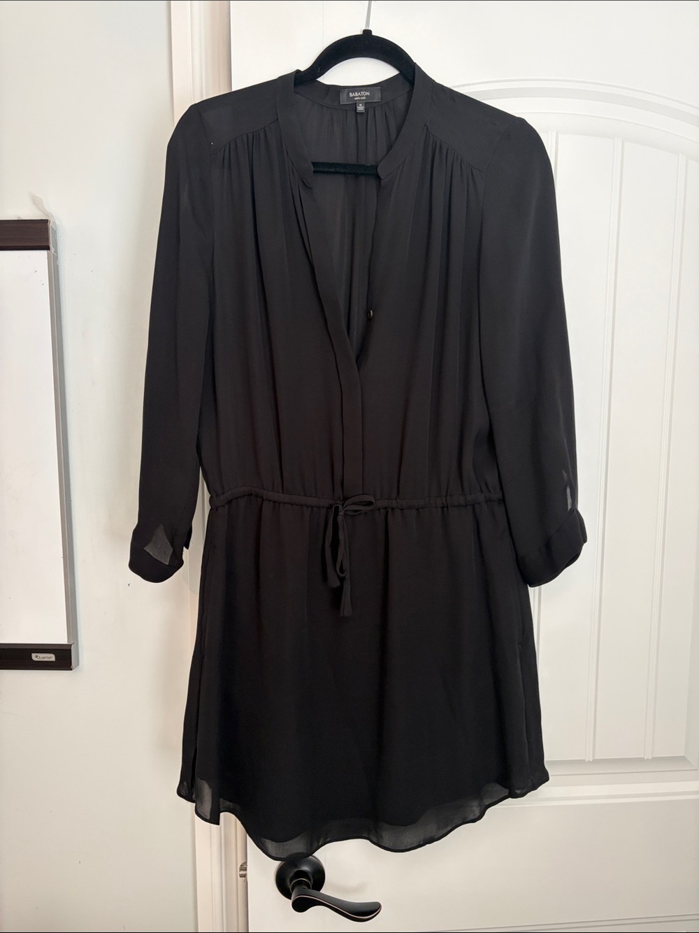 Babaton 100% Silk Black Long-Sleeve Drawstring Dress